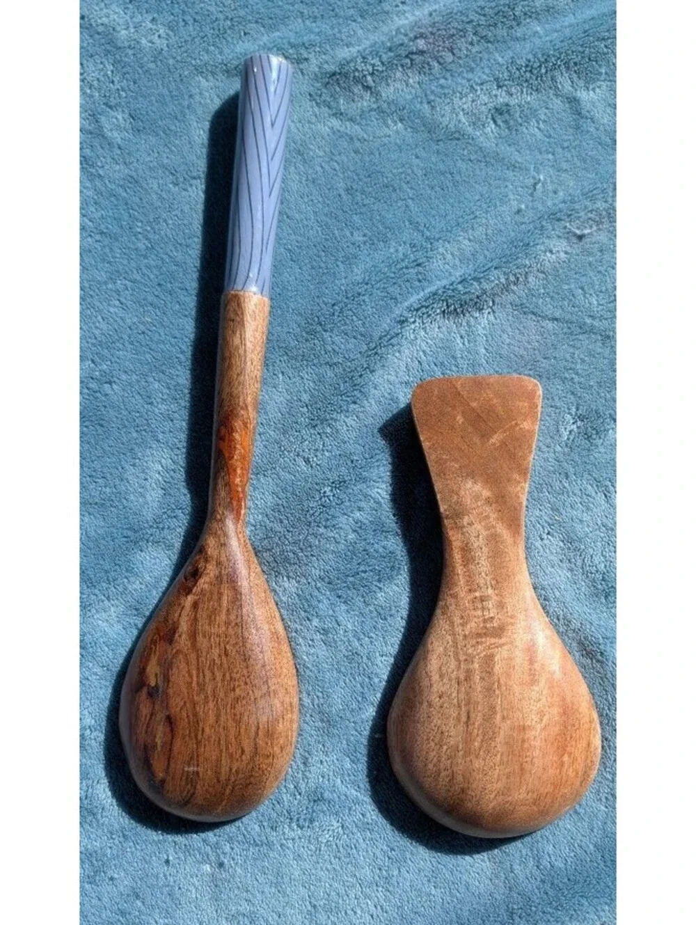 2-Piece Wooden Serving Utensil Set - Spoon & Rice Paddle with Blue Wood Grain